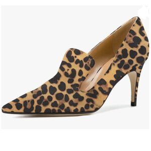 YDN Leopard Mid Heels Slip on Loafer Pumps Pointy Toe Slide Suede Prom Shoes